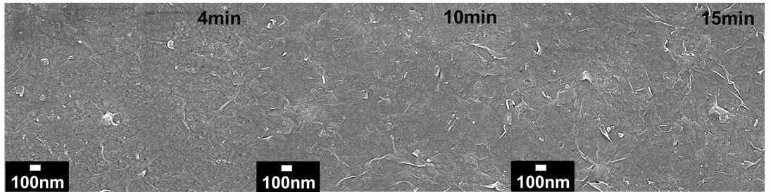 전착법을 이용하여 제작한 CaLaNb2TiO10-Ti5NbO14 혼성박막의 표면 : 4분 (좌측), 10분 (중앙), 15분 (우측).