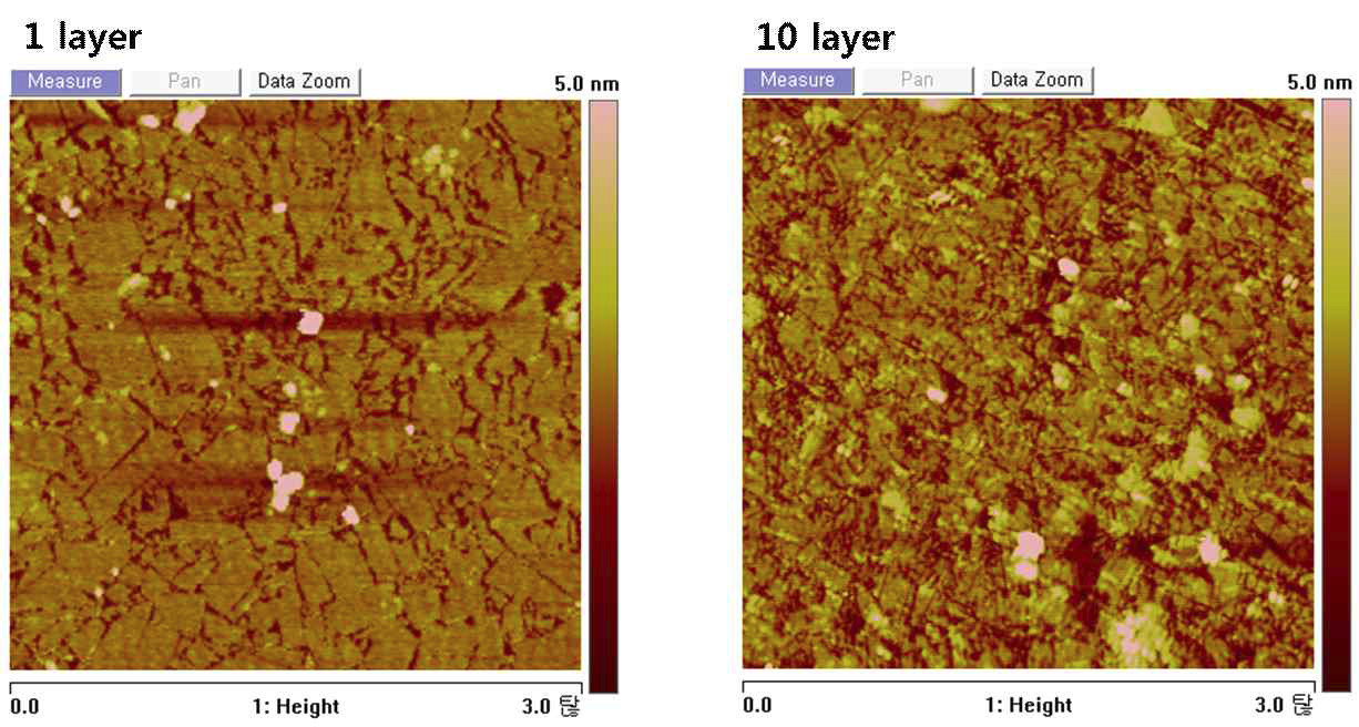 1층 및 10층 적층 된 박막의 표면 AFM 분석