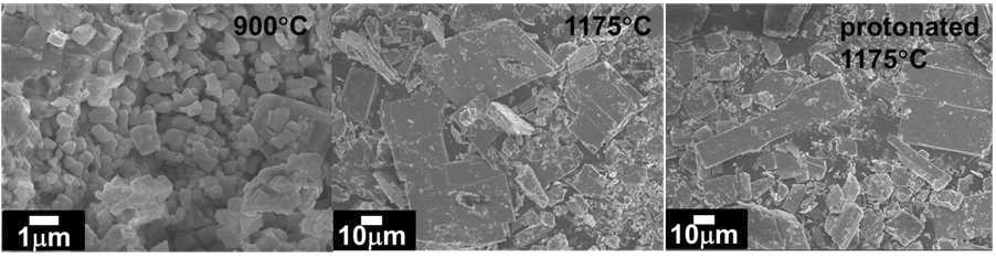 K4Nb6O17 의 SEM 이미지: 900도에서 합성 (좌측), 1175도에서 합성 (중앙), 산처리한 K4Nb6O17 (우측).