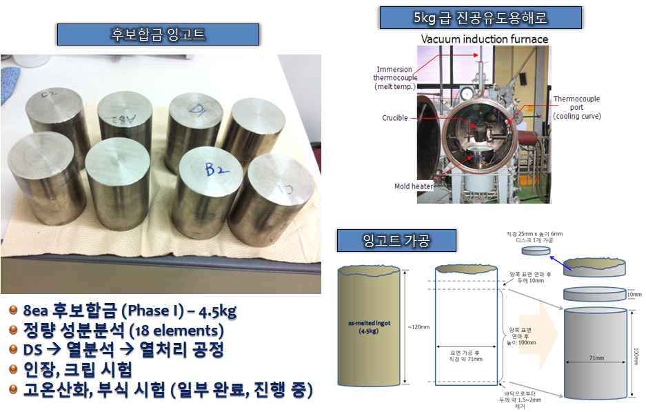 1차 후보합금 모합금 제조 및 특성평가 시험 진행.