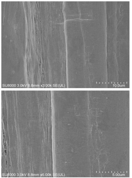 B사 staple fiber의 표면(×3,000, ×6,000)