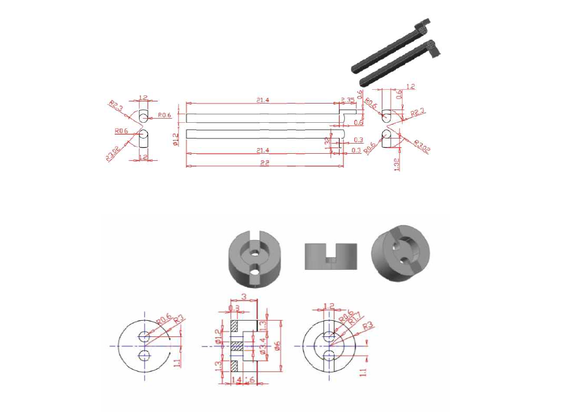 OCTL-PH 양단자의 설계(위) 및 베이스세라믹설계(아래)