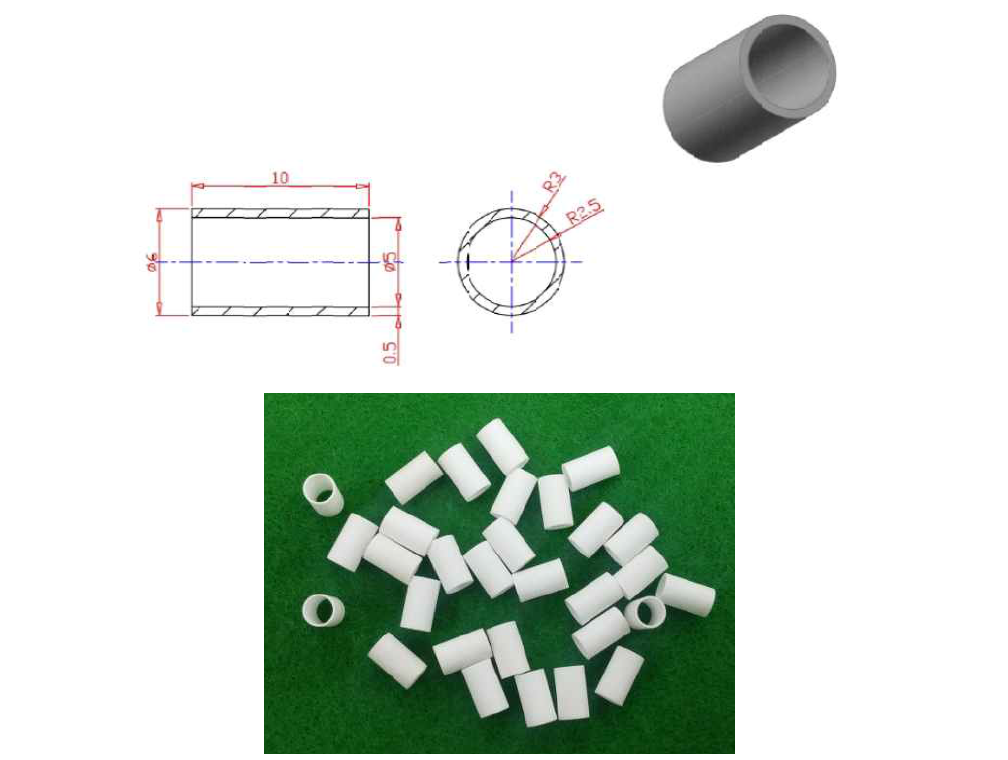 OCTL-PH 세라믹 절연슬리브의 설계(위) 및 실물사진(아래)