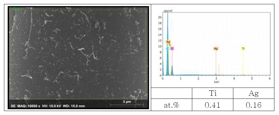 TiO2/PET(2 wt.%) 섬유의 SEM 이미지 및 EDS