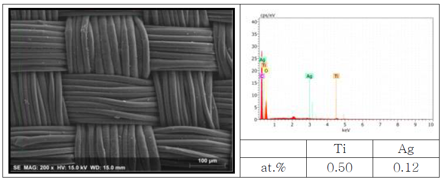 TiO2/PET(2 wt.%) 직물의 SEM 이미지 및 EDS