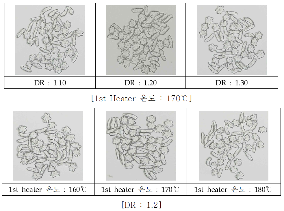 1st Heater 온도와 연신비 변화에 따른 단면 형상