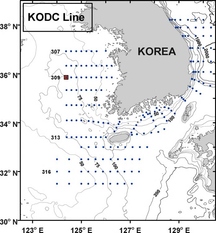 KODC(Korea Oceanographic Data Centre) station map.