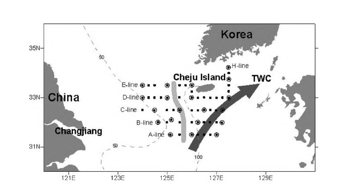 Study area and sampling stations in the northern East China Sea.