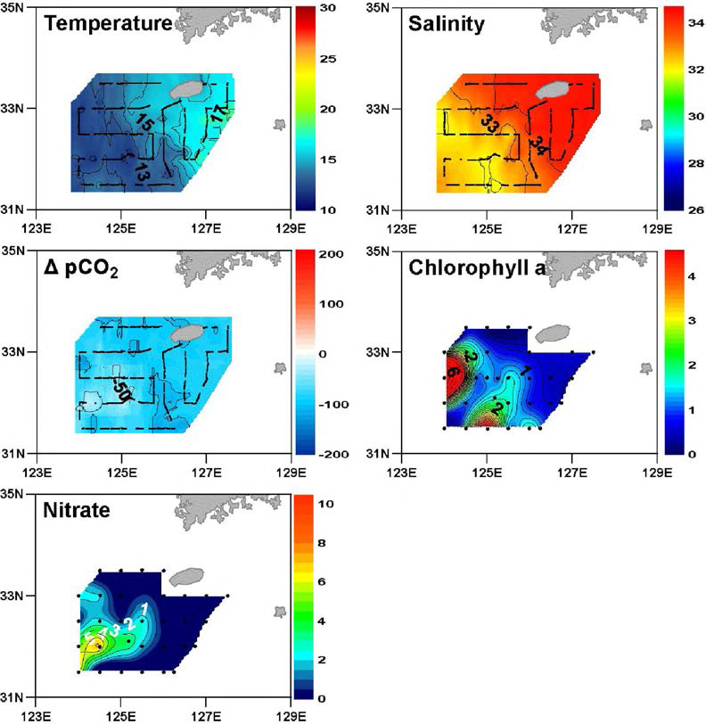 Surface distributions of temperature, salinity, sea-air differences of C〇2 partial pressure(△厂C〇2)，chlorophyll a，and nitrate in the northern East China Sea in April 2008.