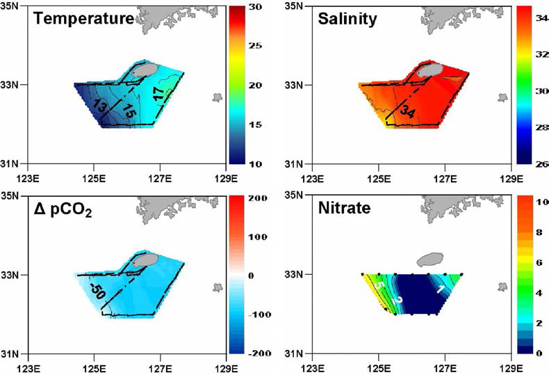 Surface distributions of temperature, salinity, sea-air differences of CO2 partial pressure( ДрСОз), and nitrate in the northern East China Sea in April 2010.