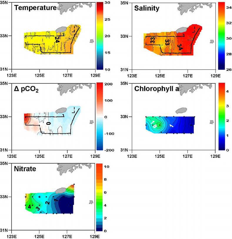 Surface distributions of temperature, salinity, sea-air differences of C〇2 partial pressure(ApC〇2)，chlorophyll a，and nitrate in the northern East China Sea in October 2004.