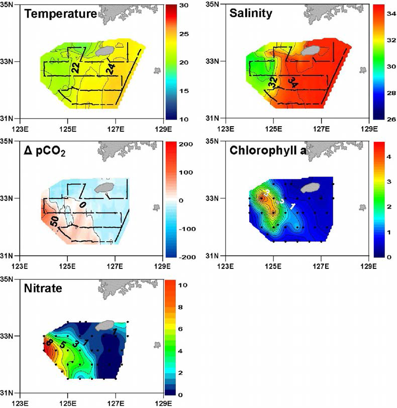 Surface distributions of temperature, salinity, sea-air differences of CO2 partial pressure( ДрСОз), chlorophyll a, and nitrate in the northern East China Sea in November 2005.