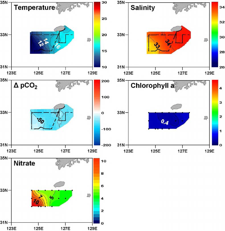Surface distnoutions of temperature, salinity, sea-air differences of СОз partial pressure( ДрСОз), chlorophyll a, and nitrate in the northern East China Sea in February 2009.