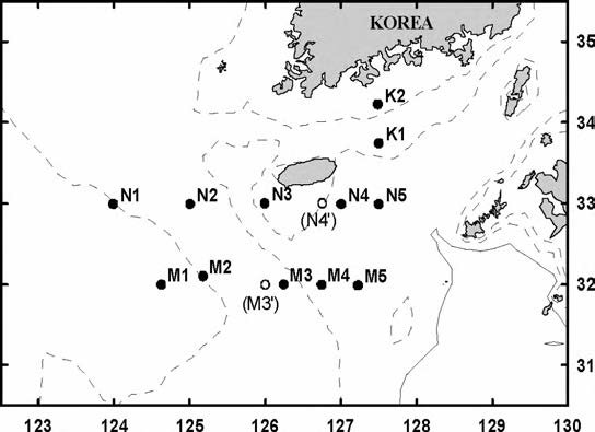 Selected sampling locations in the East China Sea.