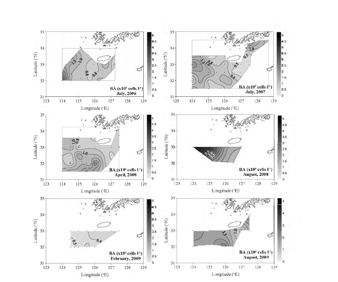 Surface distributions of bacterial abundances measured in summer in the East China Sea.