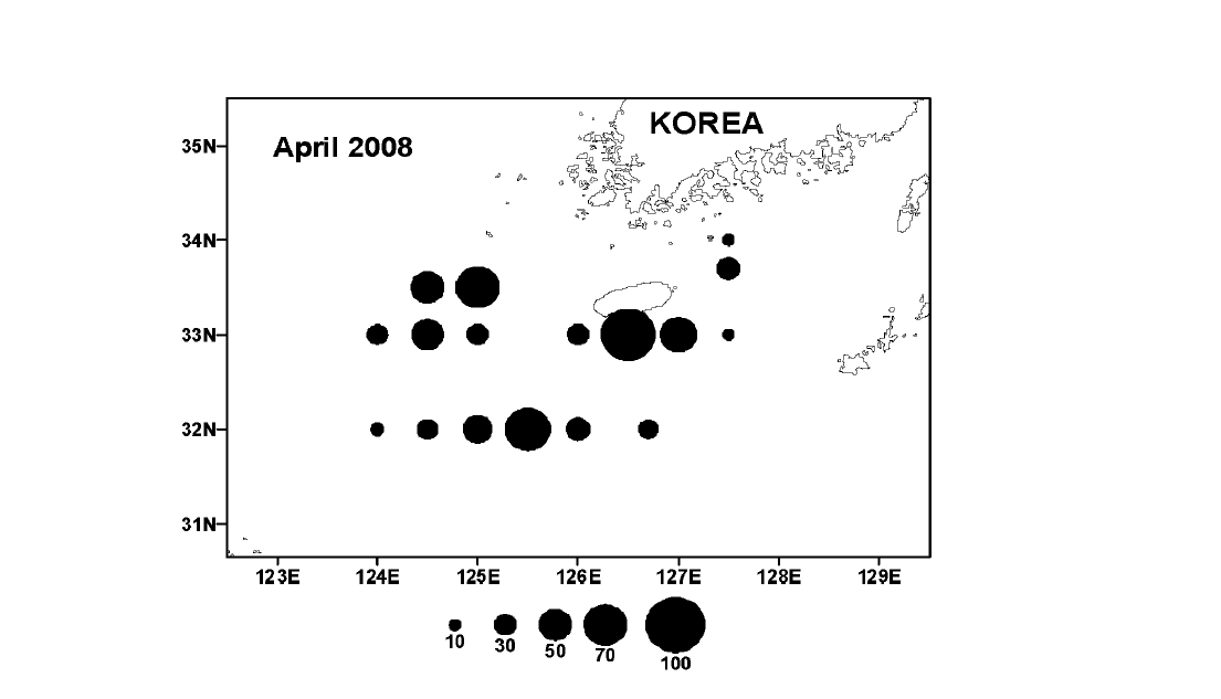 Distribution of zooplankton biomass( rag/ rtf in April 2008.