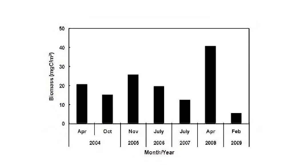 Seasonal and annual variation of zooplankton biomass (ragC/m3) from 2004 to 2009.