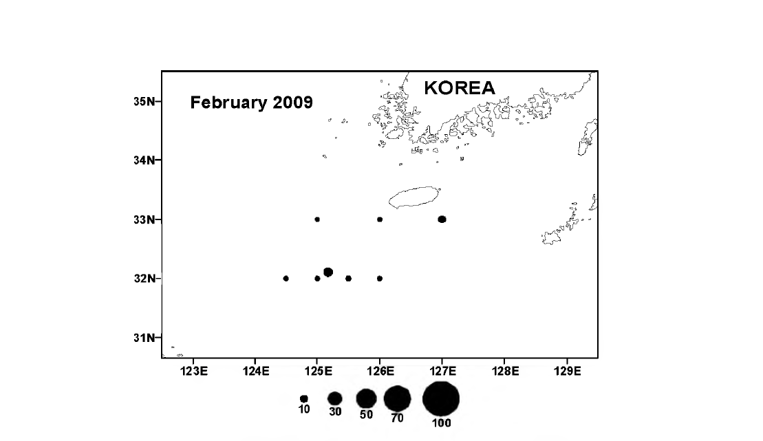 Distribution of zooplankton biomass( rag/ rtf in February 2009.