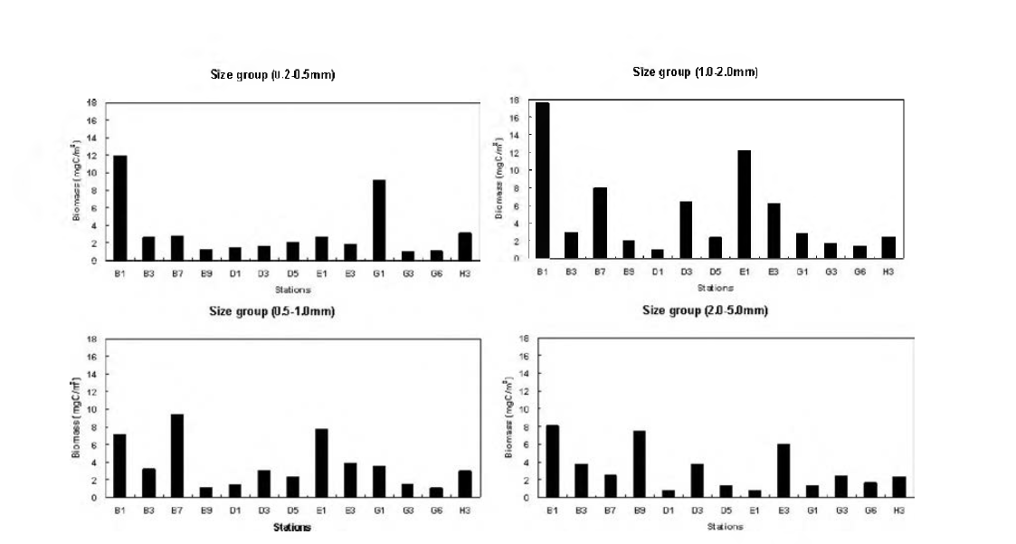 Distribution of size-fractionated zooplankton biomass( Ш3 in July 2007.