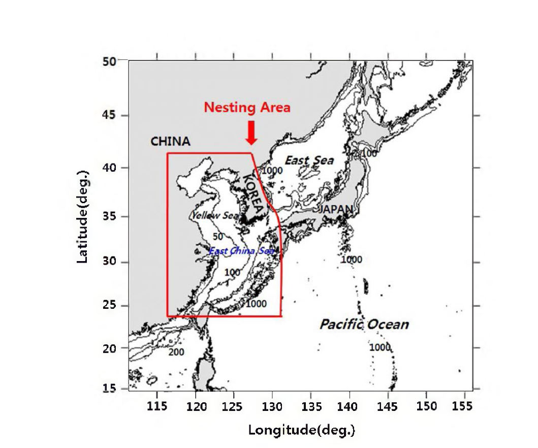 Bottom topography of Northwest Pacific model domain (resolution : 0.25°) and nested modeling domain. Solid line around the Yellow Sea and the East China Sea indicates boundary of the nested domain. Numbers indicate depth.
