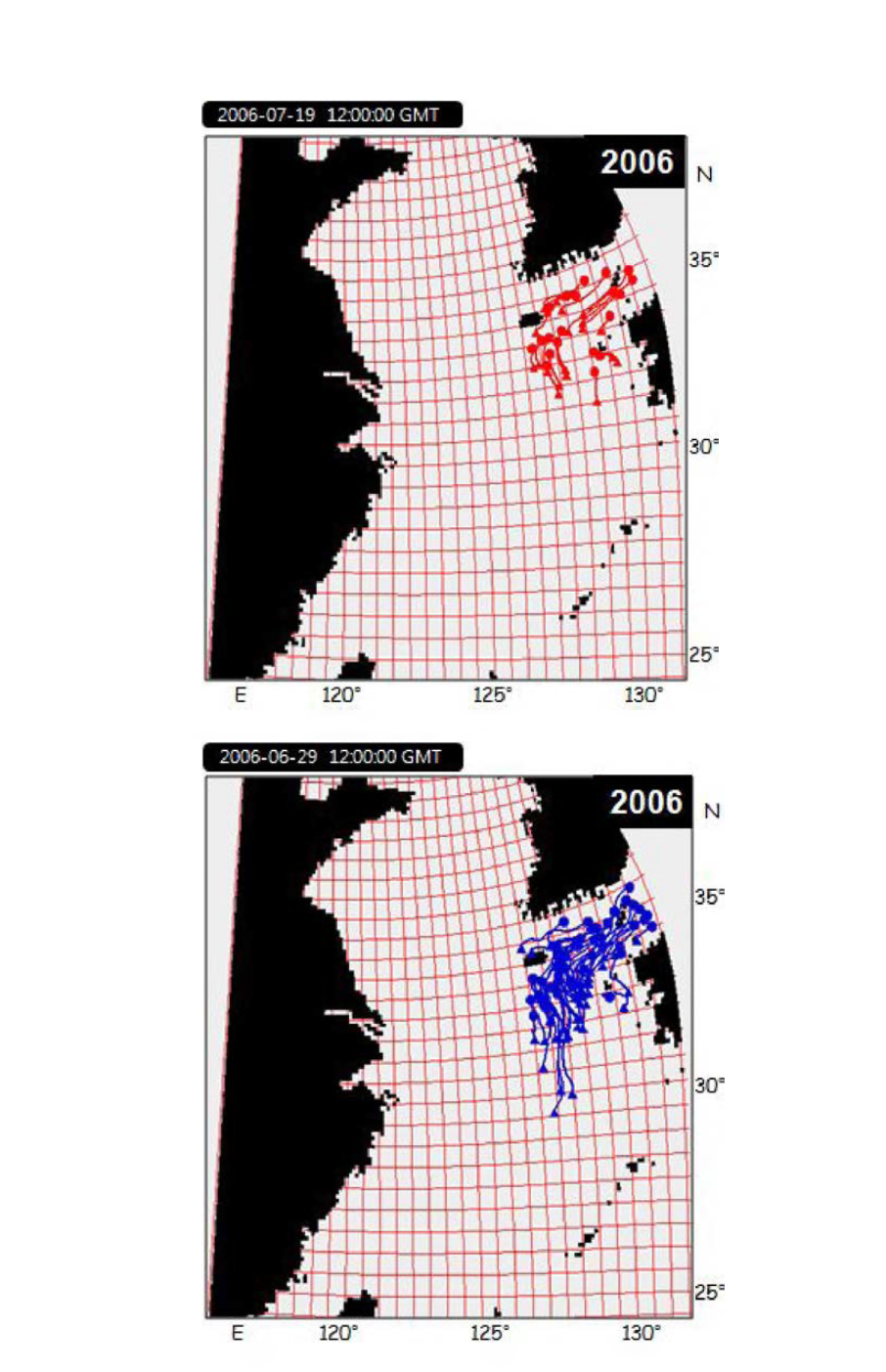 Distribution of individuals released at the sampling position and transported backward for 10days (upper panel) and 30 days (lower panel).