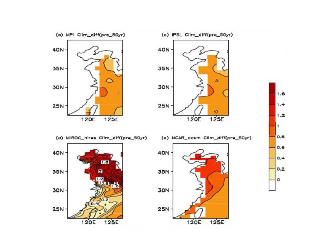 Temperature difference in the East China Sea/Yellow Sea between the mean sst of 20th century and the first half of the 21st century from the AR4 simulations by MPI_echam5, IPSL_cm4, MIROC_hires, and NCAR_cc.sm3(first half of 21st C - 20th C).