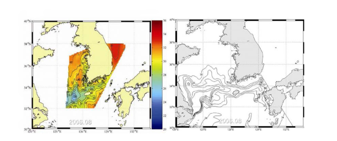 Distribution of sea surface temperature by KODC data(left) and model results (right) in August 2006.