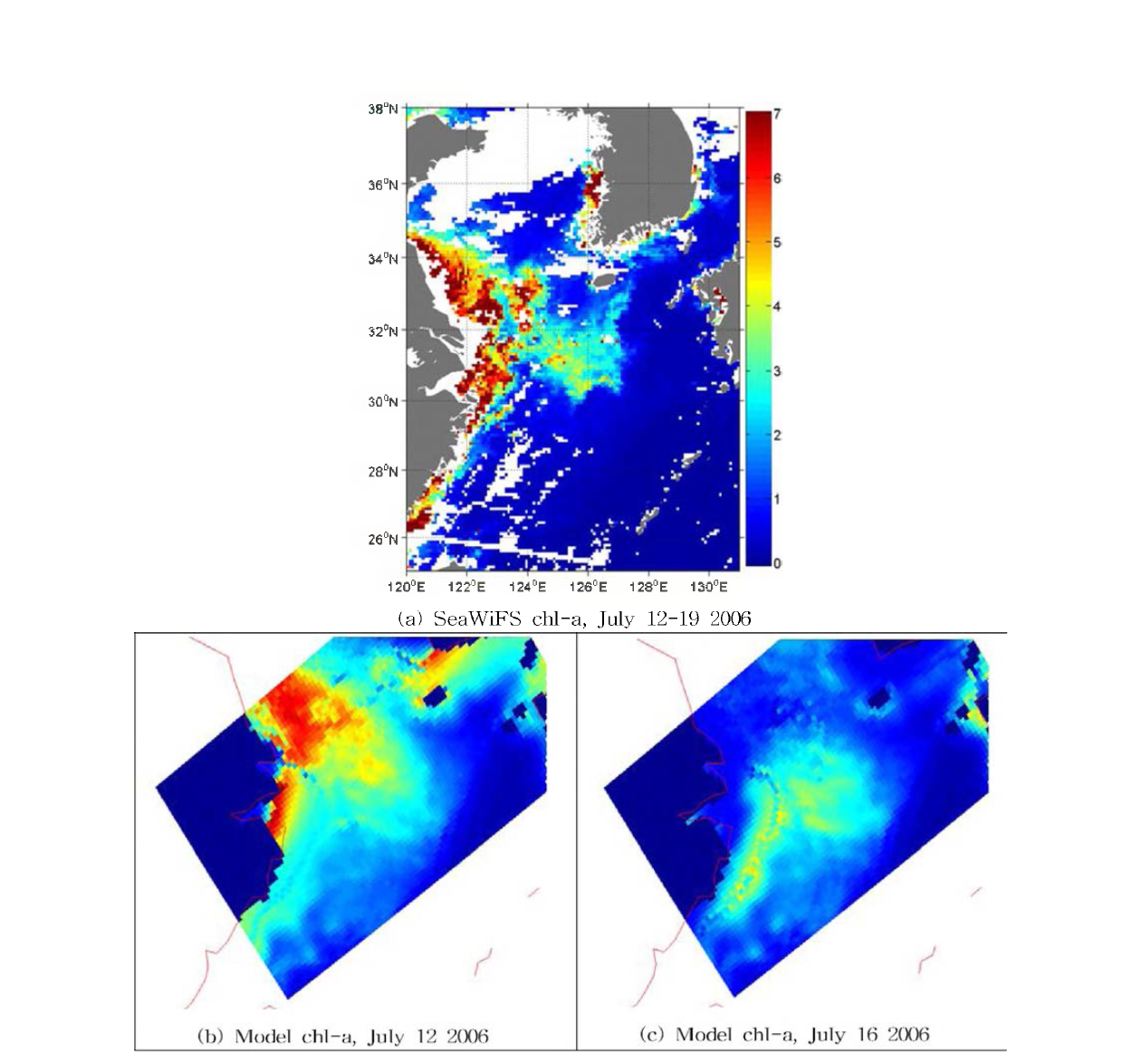 SeaWiFS chlorophyll-a composite image from July 12 to 19 2006(a),distribution of chlorophyll-a concentration 011 July 12 from model results(b), and distribution of chlorophyll-a concentration 011 July 16 by model(c).