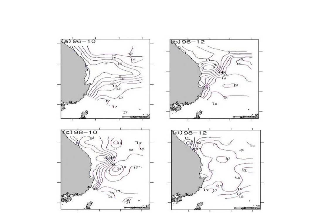 1996 년과 1998 년의 10월 12 월 50m 층의 평균수온
