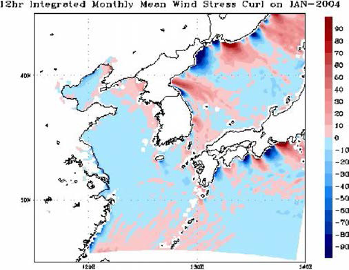 Monthly wind stress curl generated by the weather generator model on Jan, 2004.