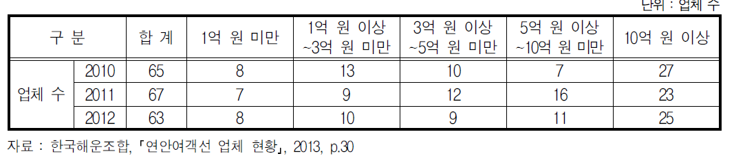 내항여객운송사업체 자본금 규모별 현황