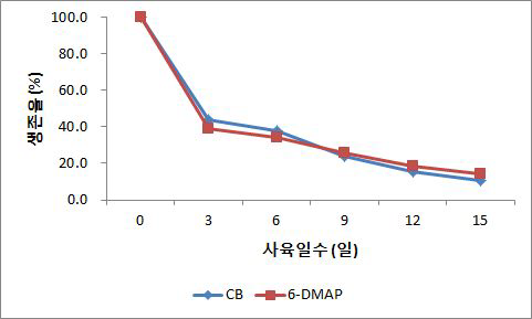 CB 및 6-DMAP 대량처리에 따른 유생의 생존율 변화
