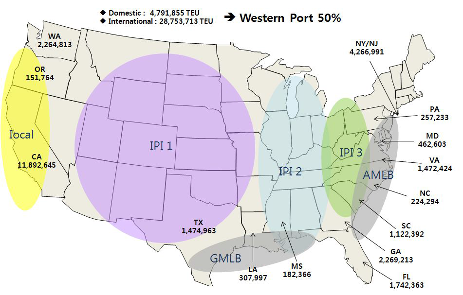 미국의 주요 주별 항만 수출입물동량
