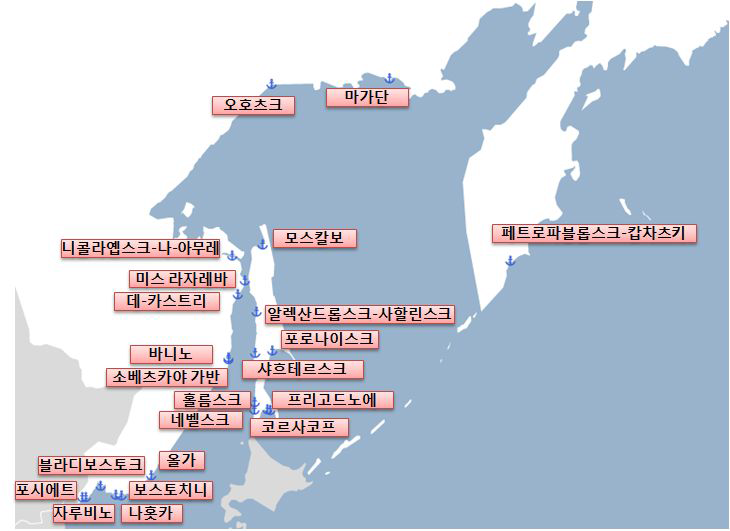 러시아 극동지역 22개 항만 위치