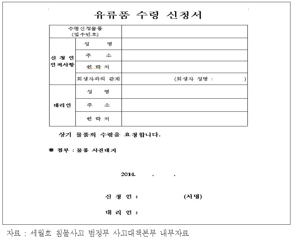 세월호 침몰사고의 유류품 수령 신청서 양식