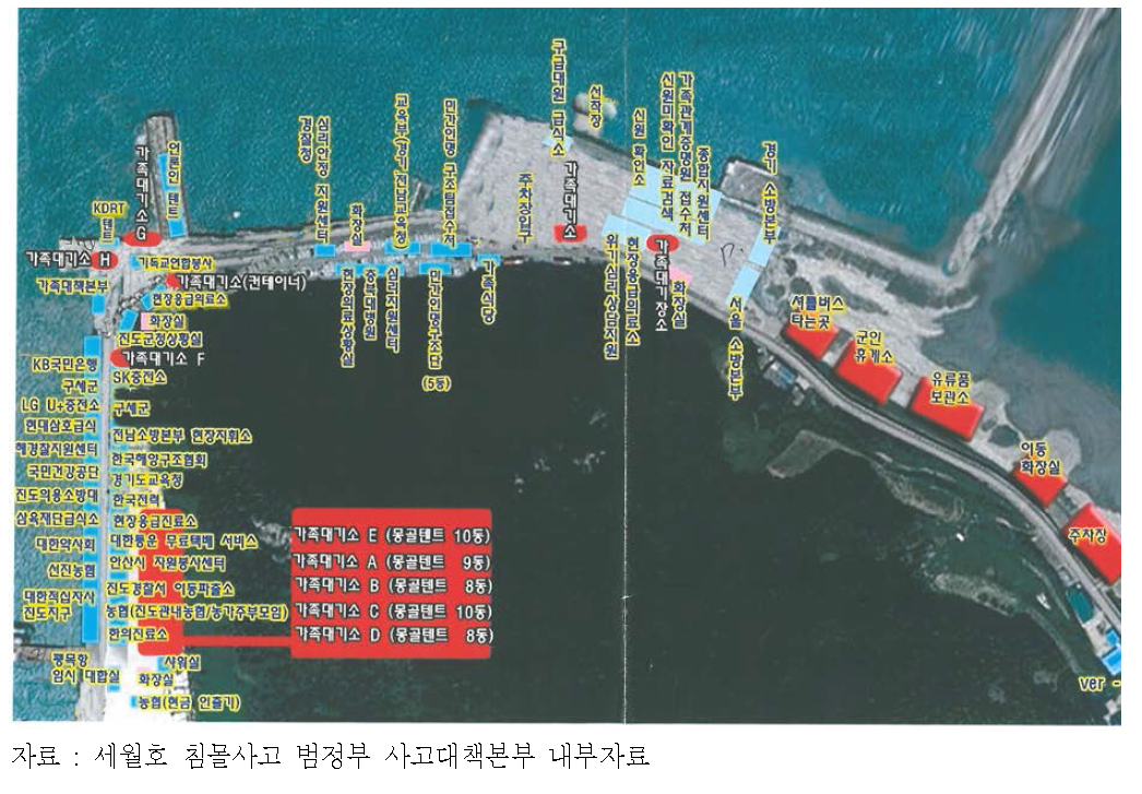 팽목항의 재난수습 지원시설 배치도