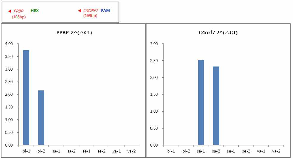 Multiplex qPCR을 이용한 체액 특이적 마커 유전자의 발현량 확인. (PPBP, C4ORF7)
