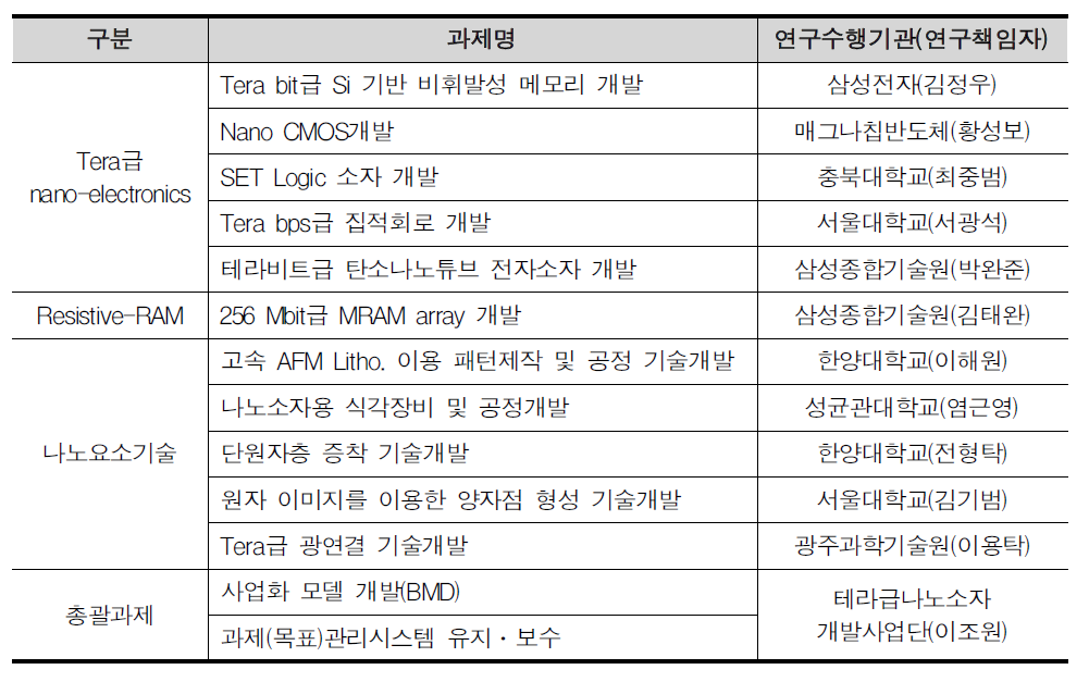 테라급나노소자개발사업 세부과제 현황 -2단계