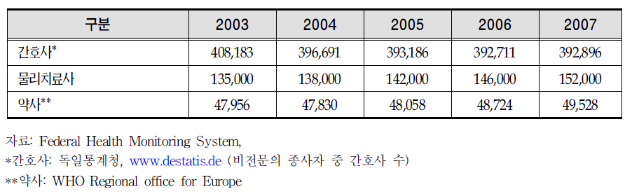 연도 별 간호사,물리치료사,약사 수