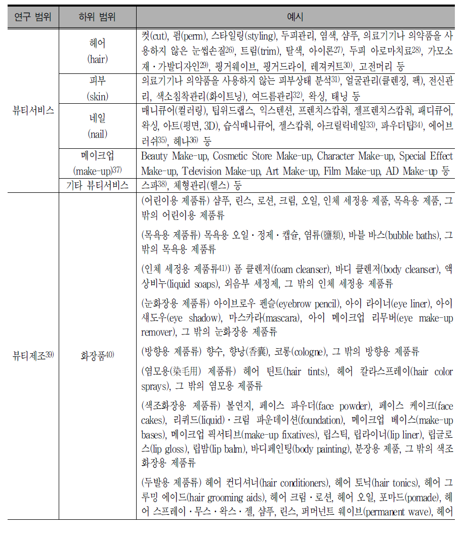 뷰티산업의 하위범위 및 예시