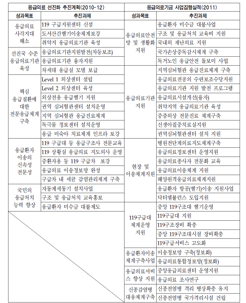 응급의료 선진화 추진계획과 응급의료기금 집행실적의 추진과제 차이