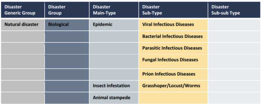 CRED와 Munich RE에서 제시하는 감염병 재난의 분류