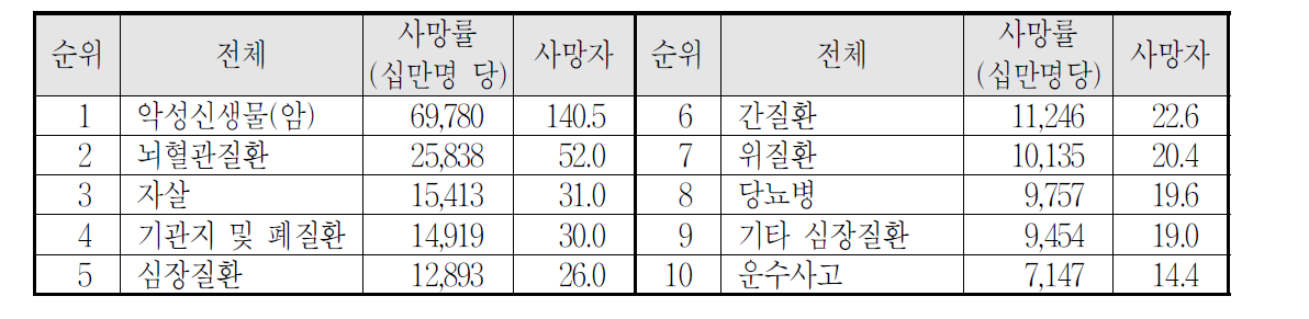 원인별 10대 사망순위