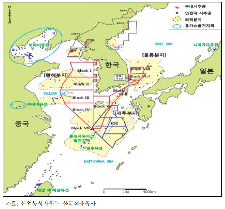 한국 국내 해양의 주요 석유·가스 퇴적분지 및 광구 현황