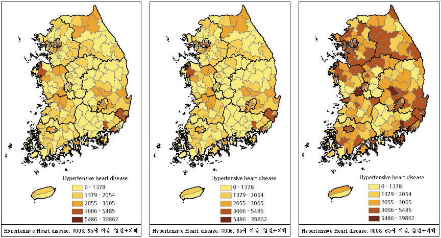 전국 65세 이상 시군구별 고혈압성심장질환 입원 또는 외래 유병률