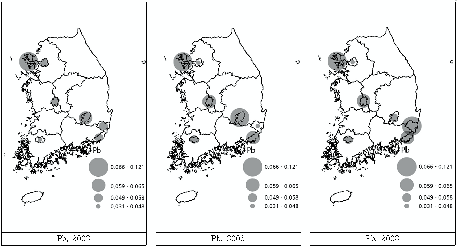 7개 대도시 지역에서 중금속 납의 분포