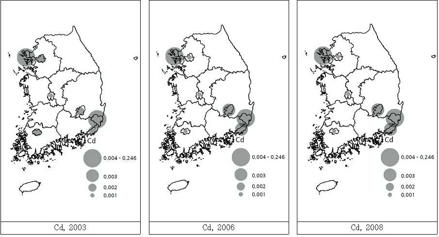 7개 대도시 지역에서 중금속 카드뮴의 분포