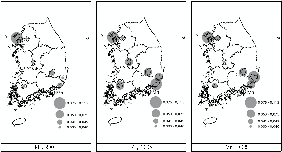 7개 대도시 지역에서 중금속 망간의 분포