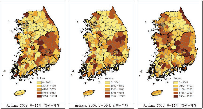 전국 15세 미만 시군구별 천식 입원 또는 외래 유병률