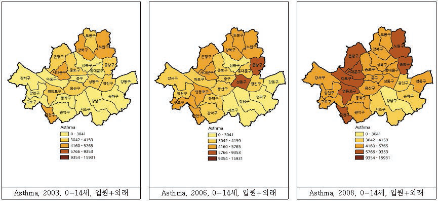 서울시 15세 미만 시군구별 천식 입원 또는 외래 유병률
